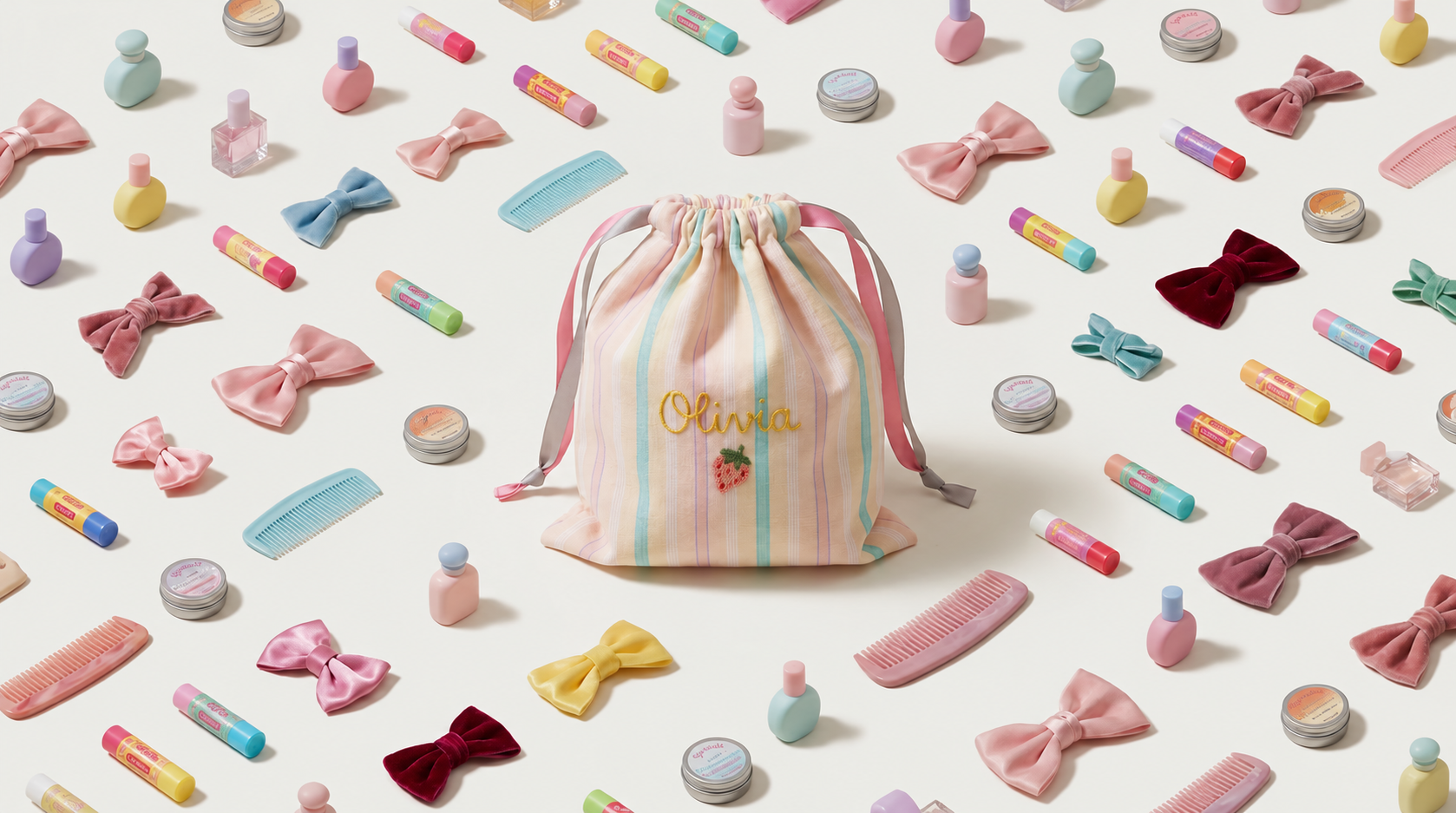 Personalized pastel striped drawstring pouch surrounded by beauty products, bows and combs