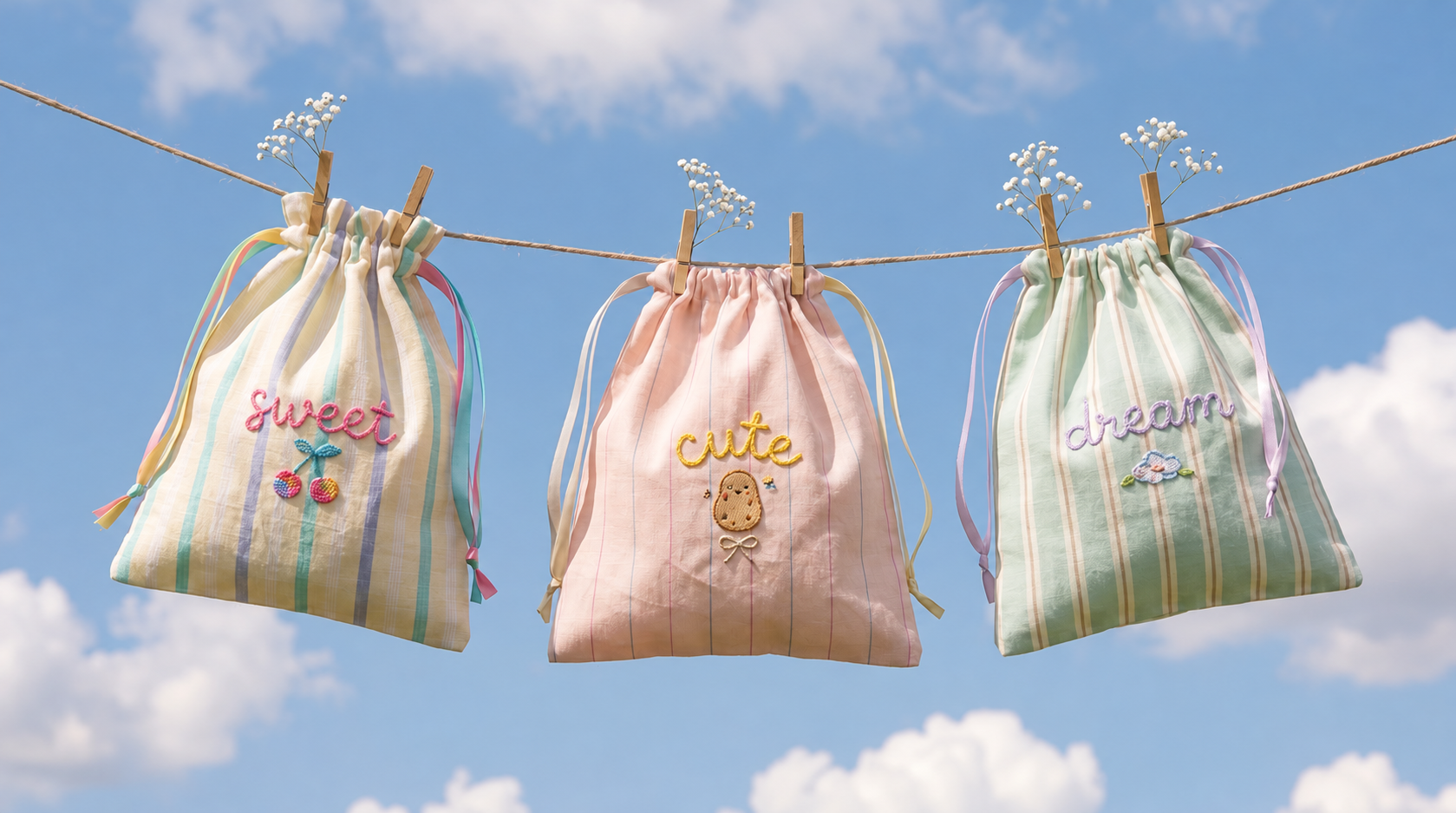 Three pastel drawstring pouches with Sweet, Cute and Dream embroidery hanging outdoors against a blue sky