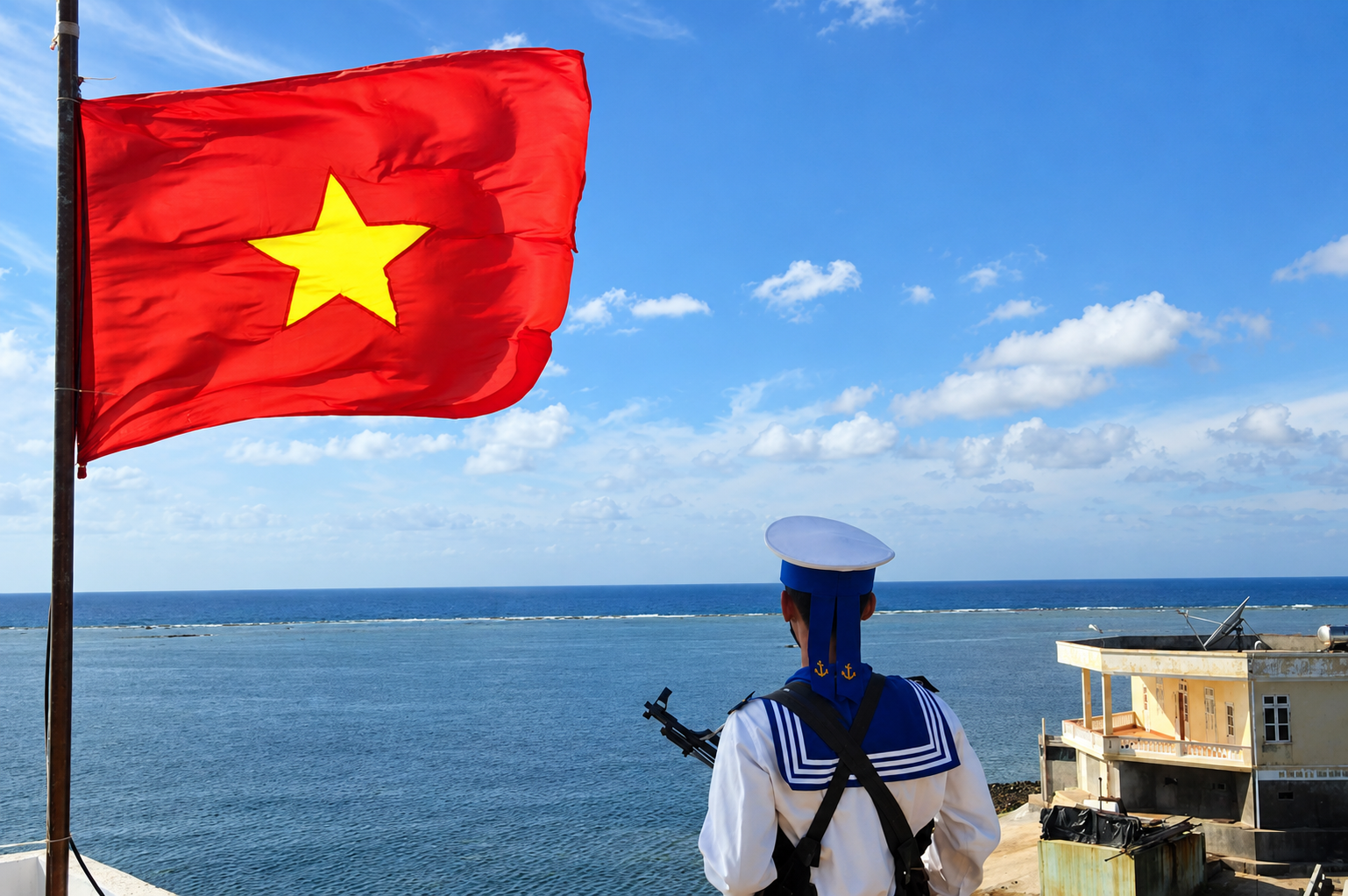Vietnamese sailor facing the sea beneath the Vietnam flag